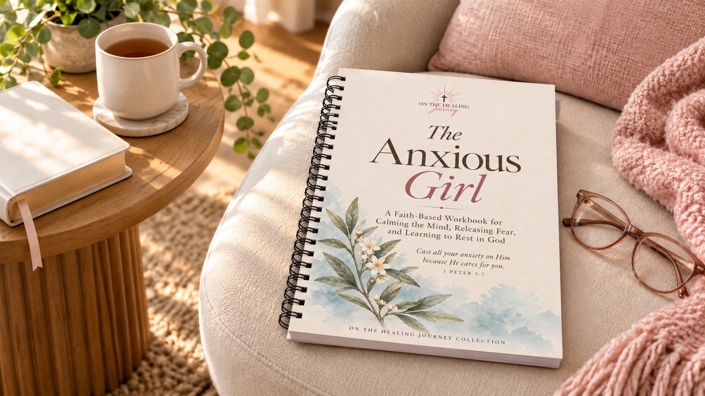 The Anxious Girl workbook resting on a reading chair