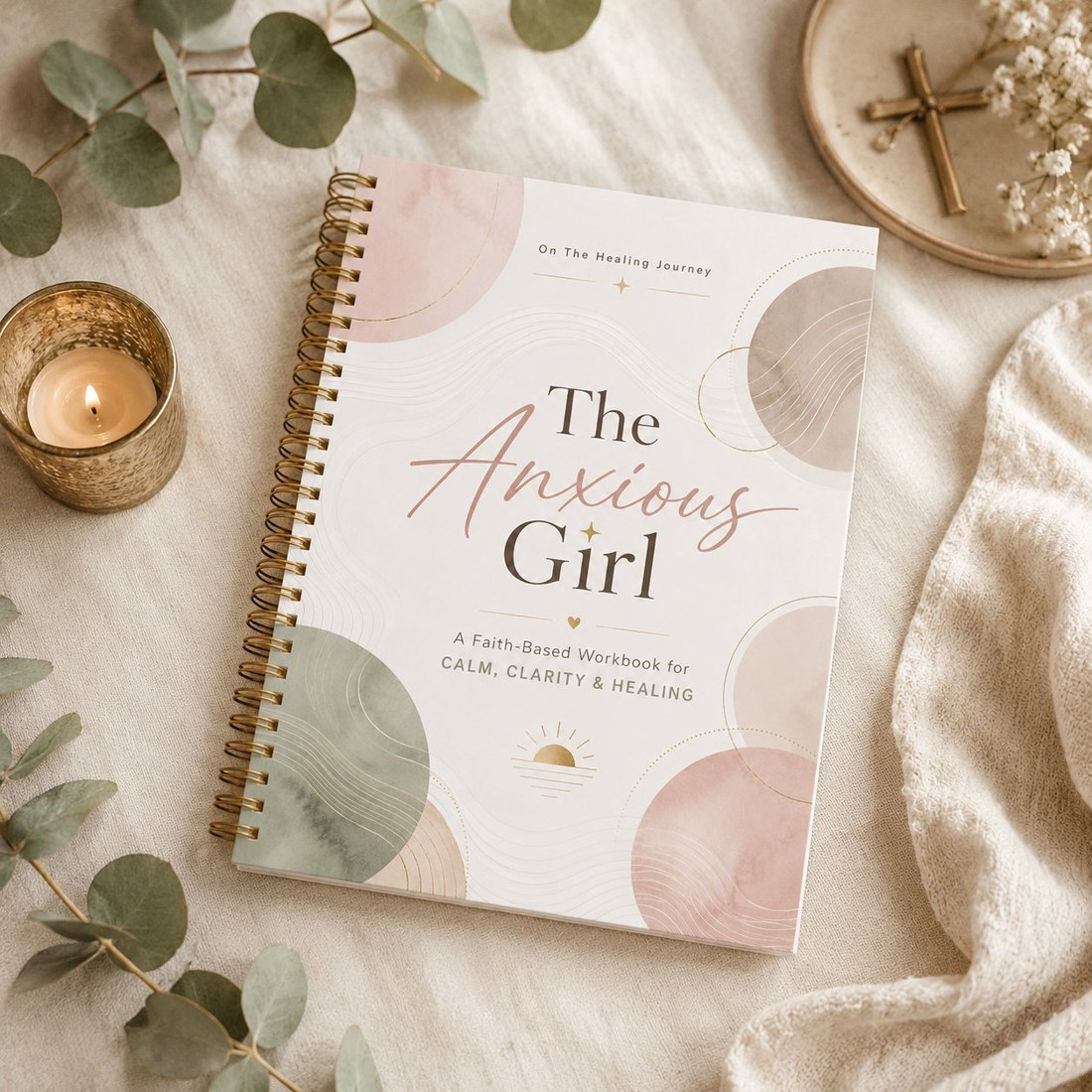 The Anxious Girl workbook styled with eucalyptus and a candle