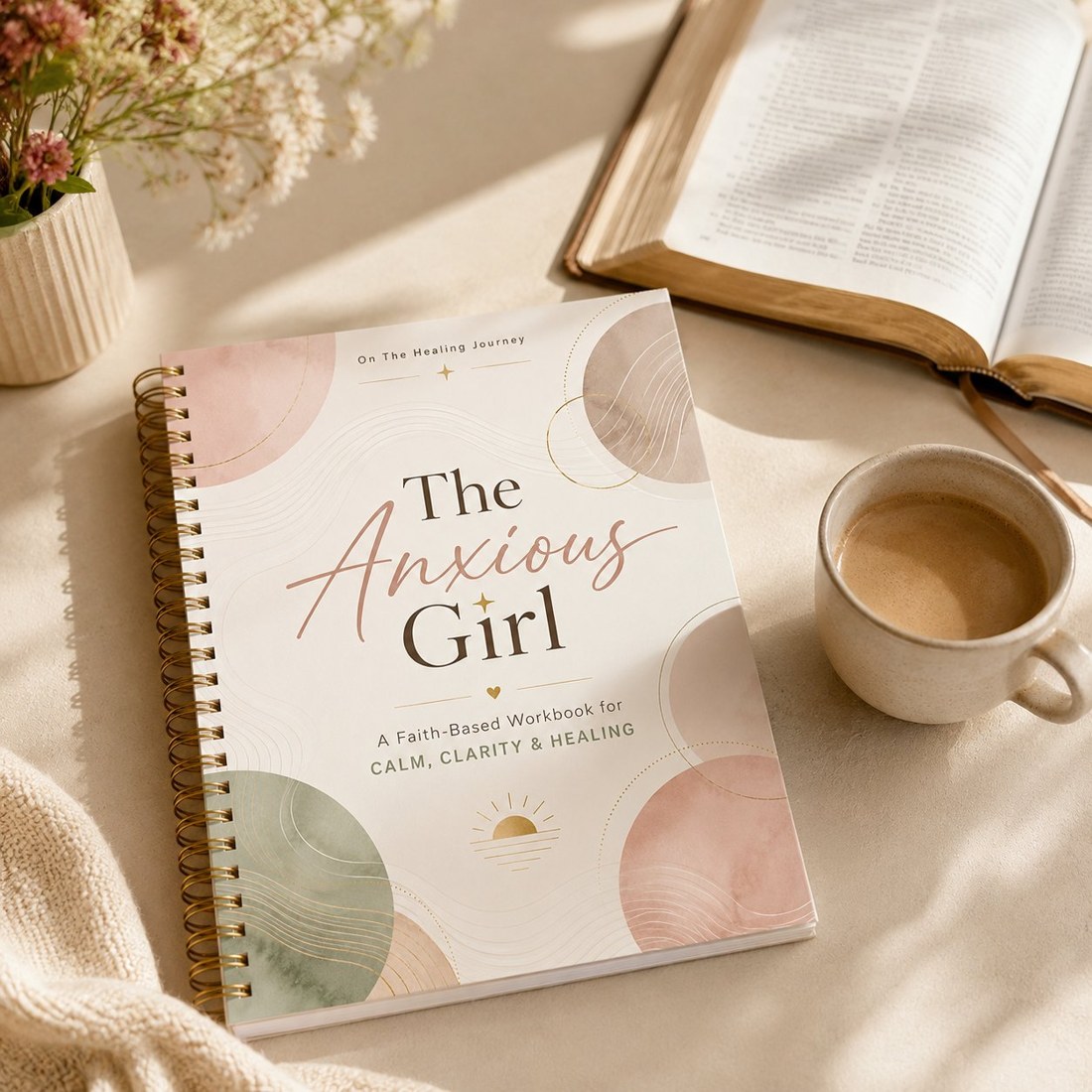 The Anxious Girl workbook beside an open Bible and coffee