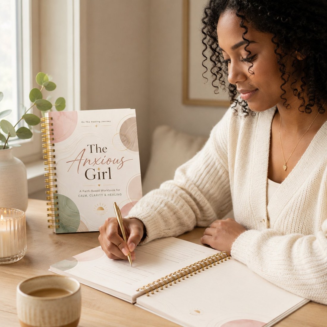 A woman writing in a workbook at home