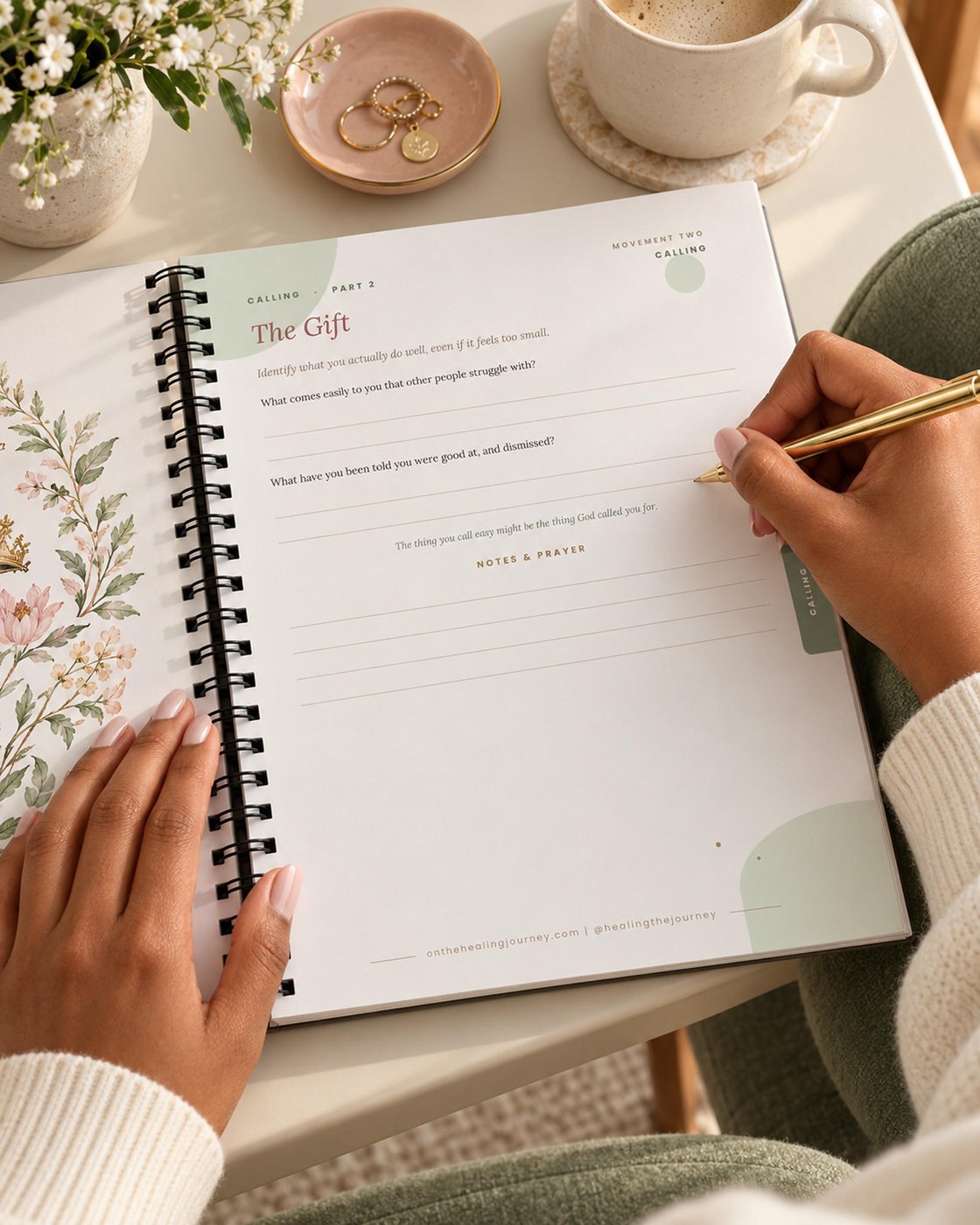 A woman writing in The Becoming Girl workbook, on The Gift page in the Calling movement