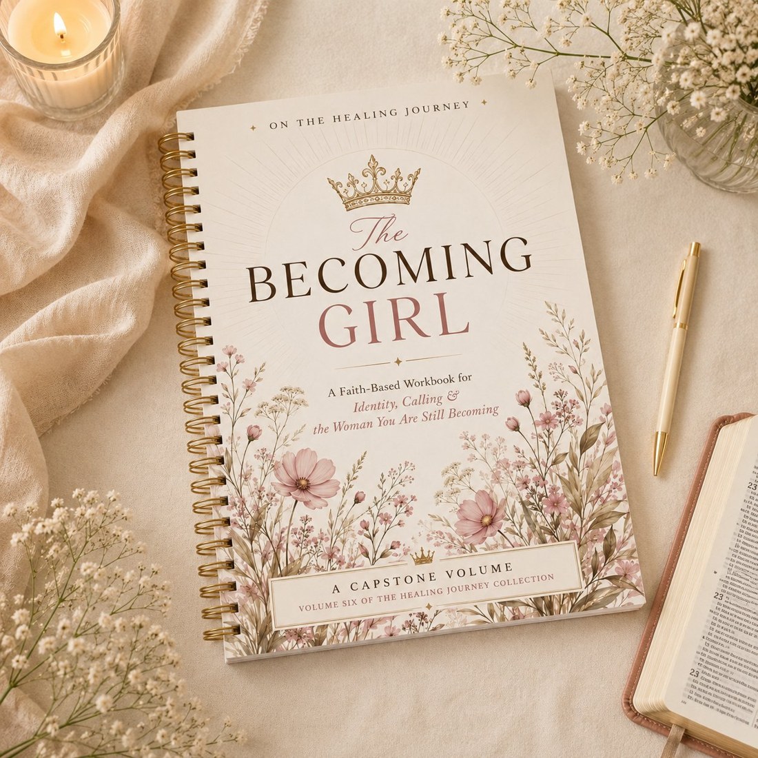 The Becoming Girl flat-lay with a candle and a Bible