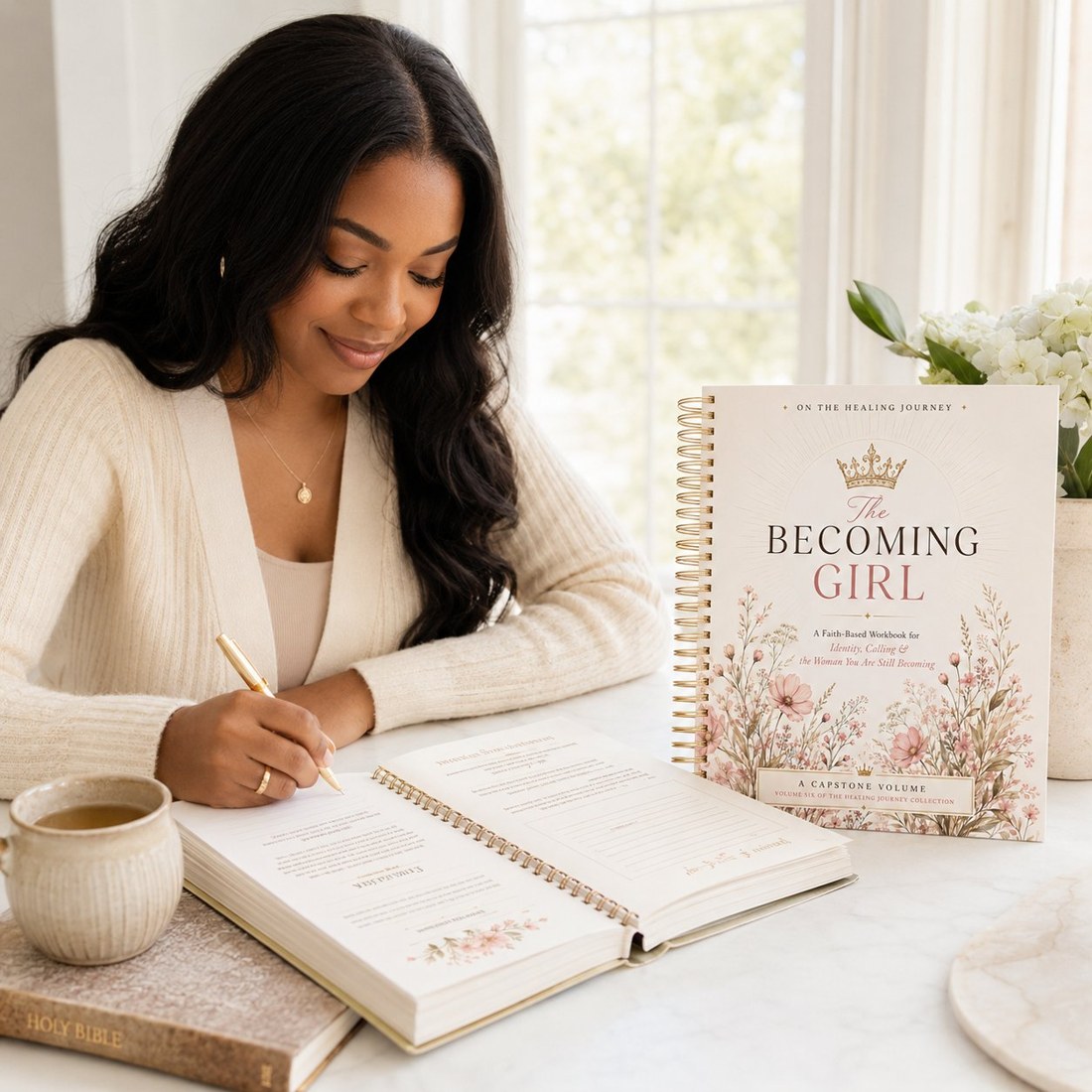 A woman writing in The Becoming Girl workbook