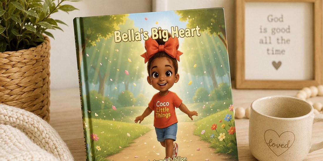 Bella's Big Heart displayed at home with a mug and a faith print