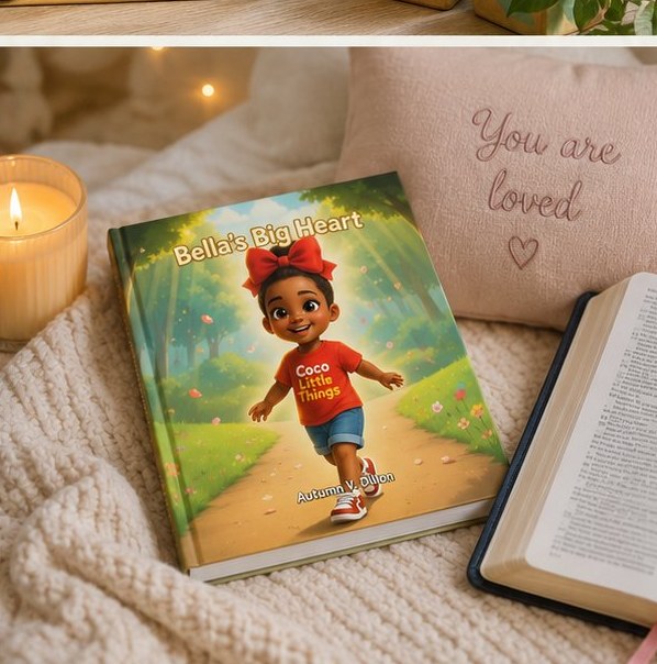Bella's Big Heart beside a candle and a You Are Loved pillow