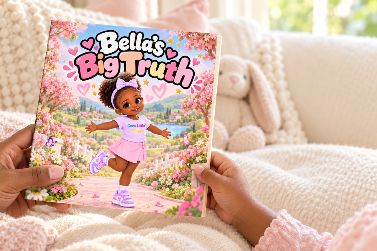 Bella's Big Truth paperback in a cozy garden-themed playroom