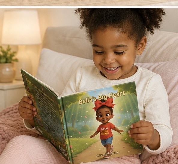 A little girl smiling while reading Bella's Big Heart