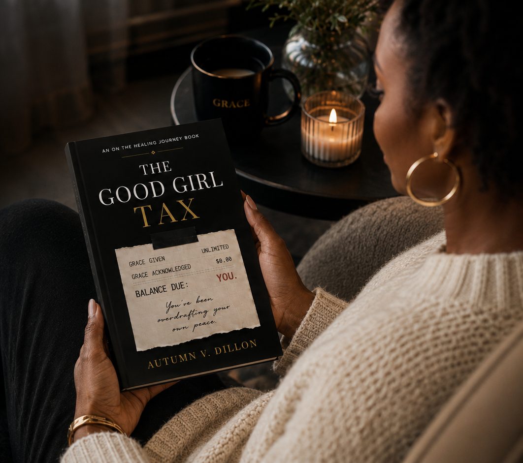A woman reading The Good Girl Tax by candlelight, the receipt on its cover reading balance due, you.