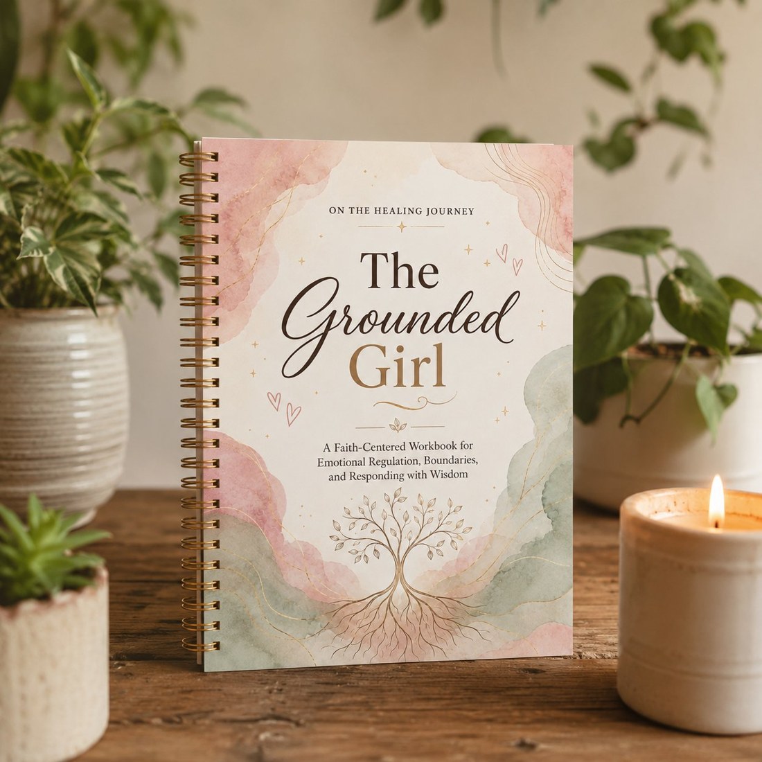 The Grounded Girl workbook with potted plants and a candle
