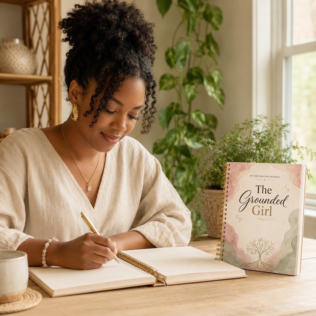 A woman writing with The Grounded Girl nearby