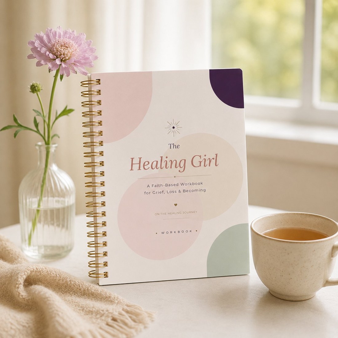 The Healing Girl workbook with a flower and tea by a window