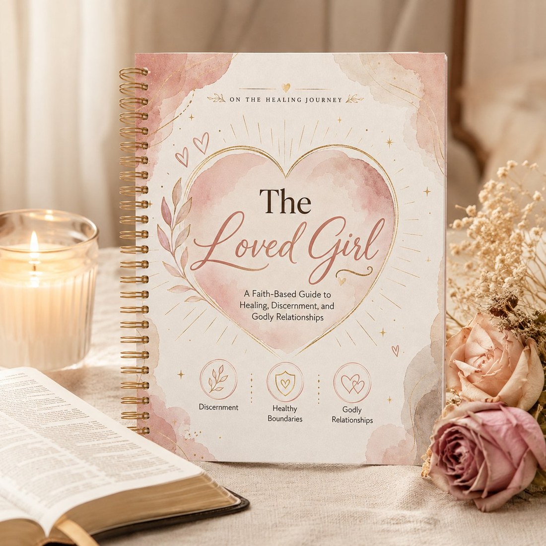 The Loved Girl workbook with a candle, Bible, and roses