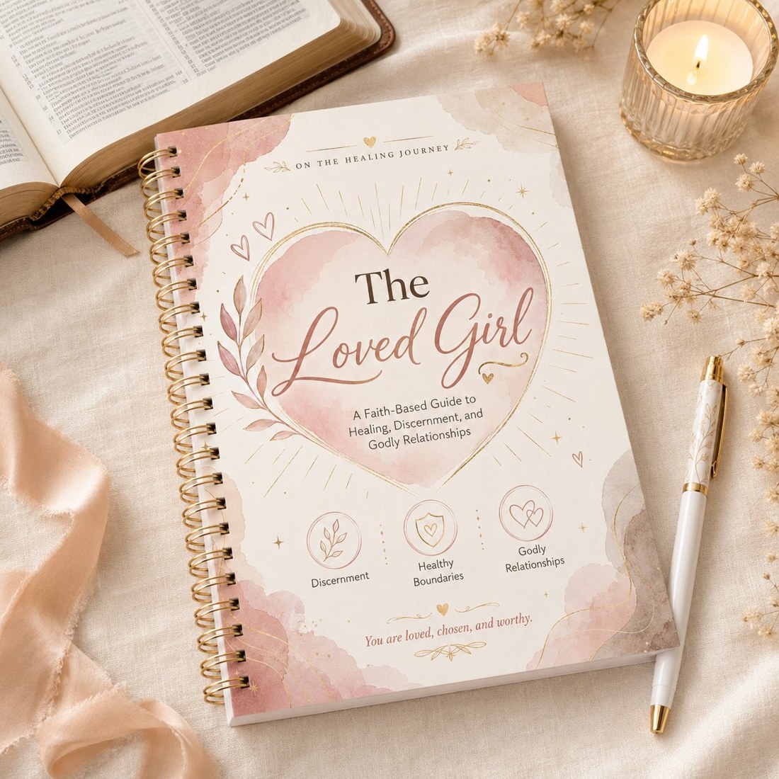 The Loved Girl flat-lay with a Bible and candle