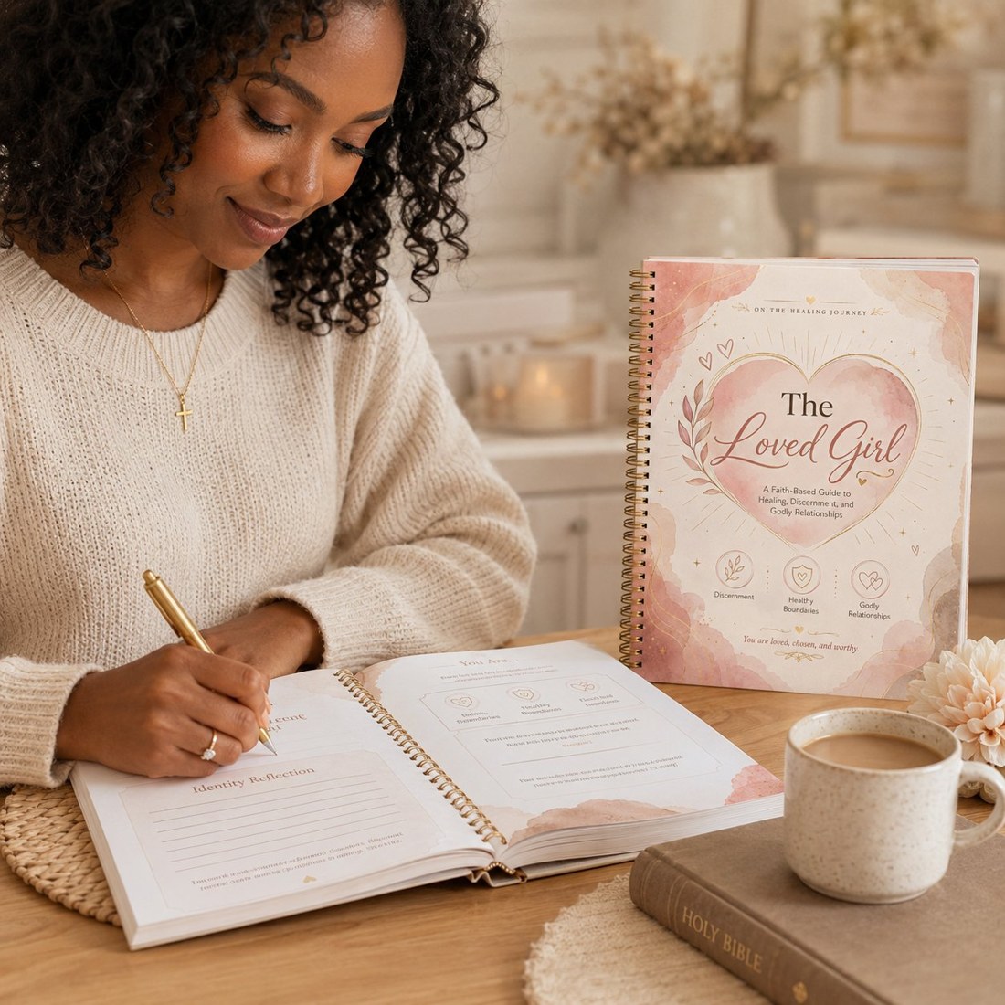 A woman writing in The Loved Girl workbook