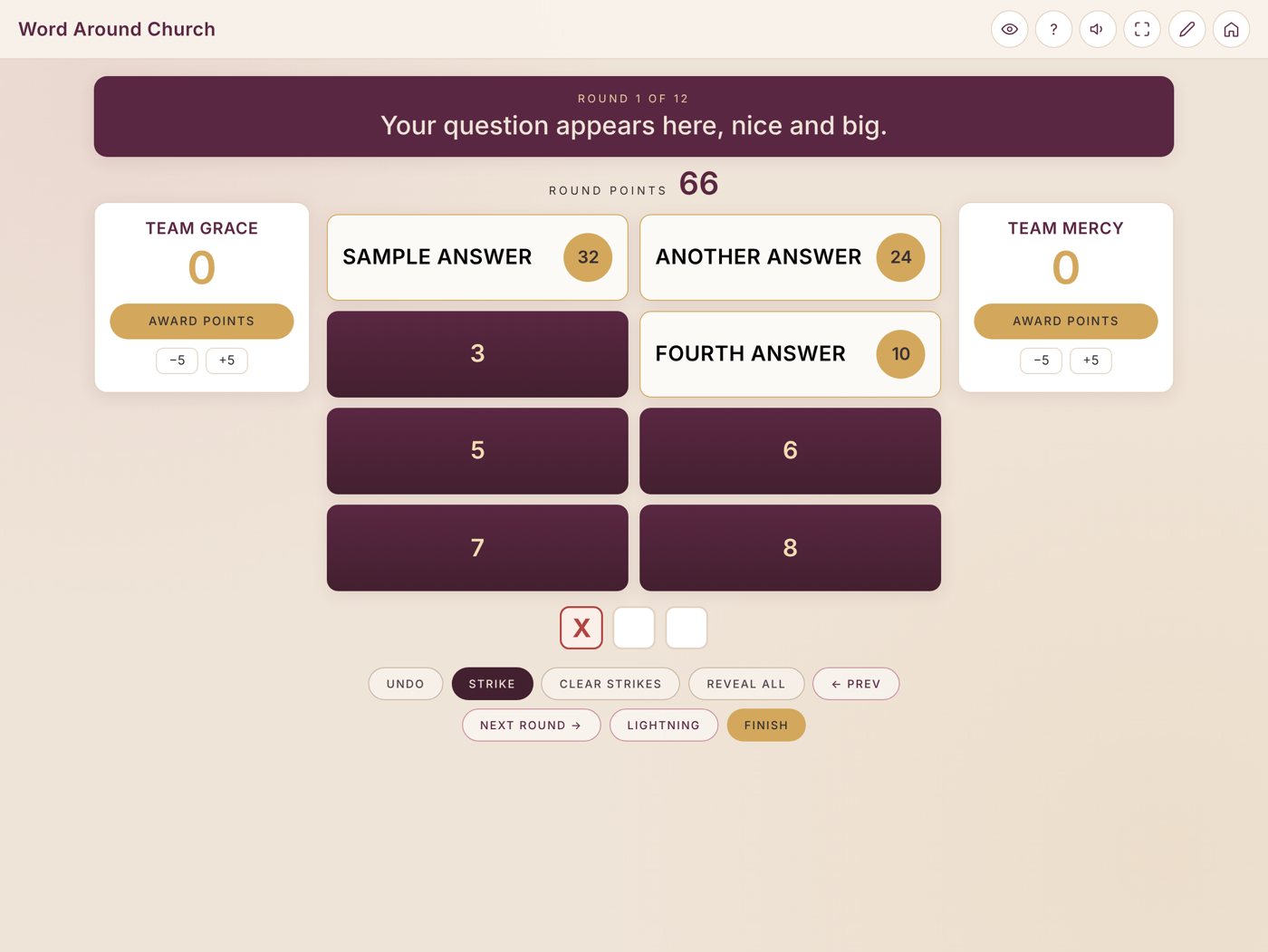 Word Around Church game board with answer tiles, team scores, and strike counter