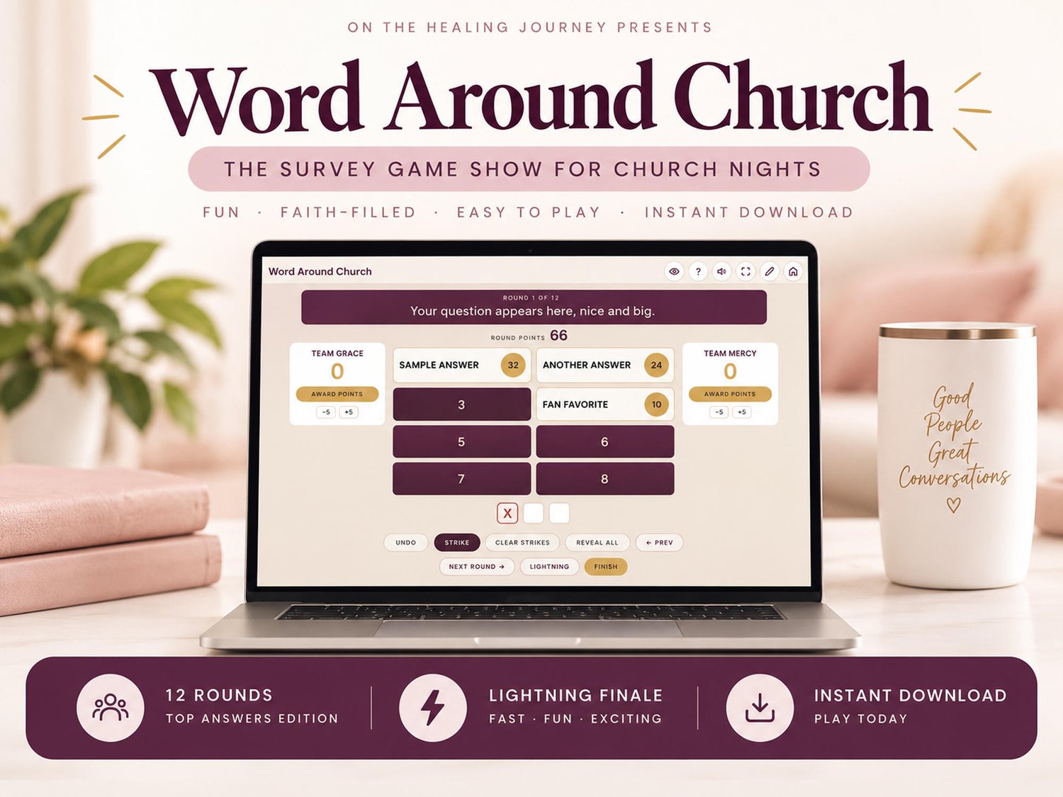 Word Around Church, the survey game show for church nights, on a laptop