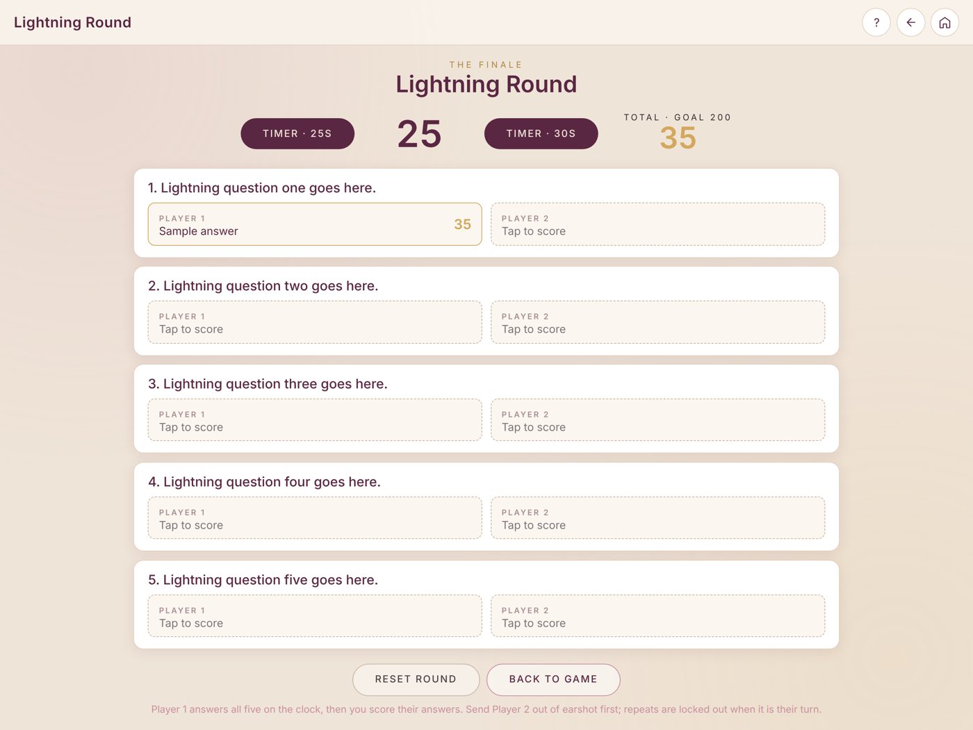 Word Around Church Lightning Round screen with timers and a 200 point goal