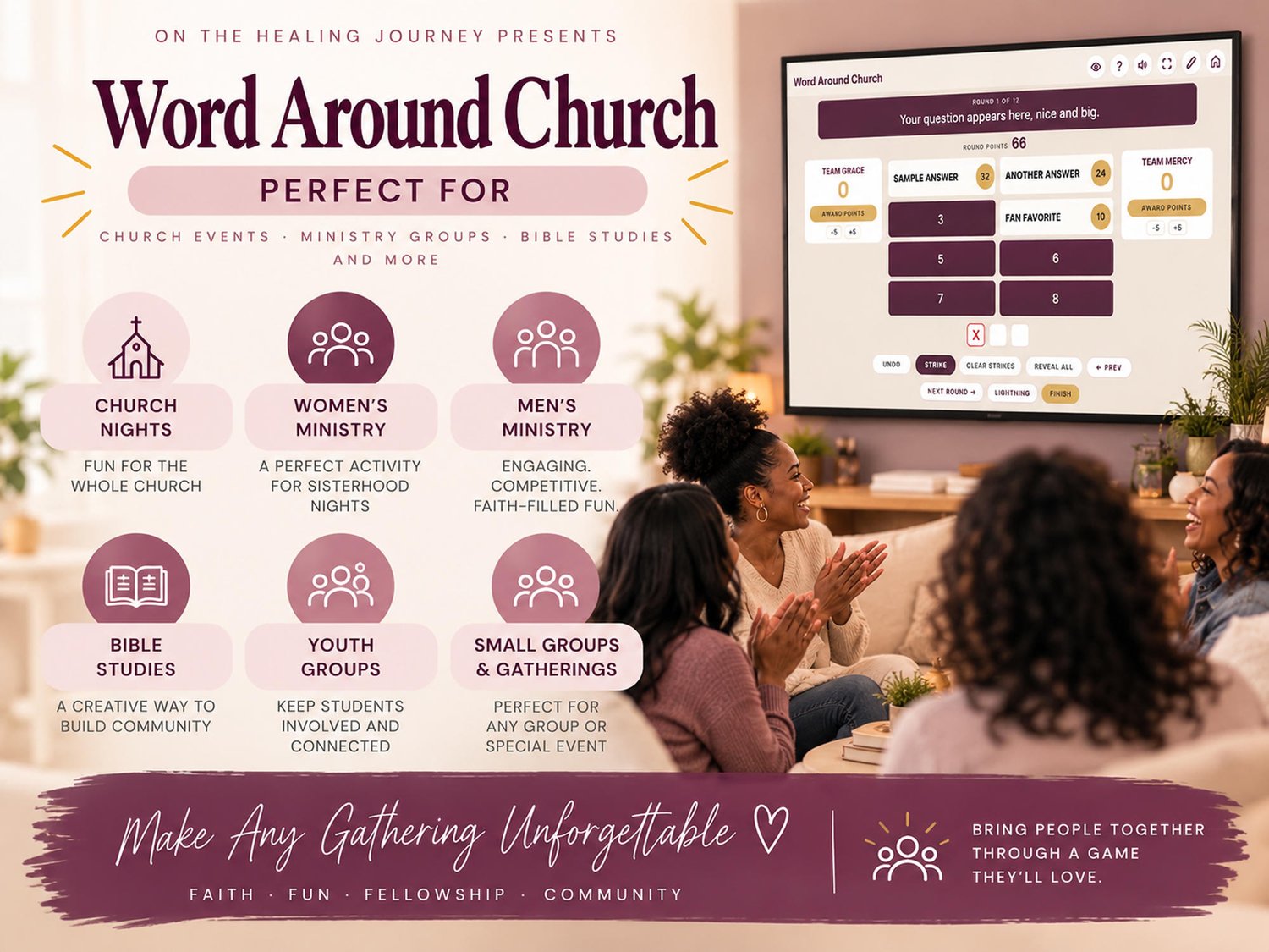 Word Around Church is perfect for church nights, women's ministry, men's ministry, Bible studies, youth groups, and small groups