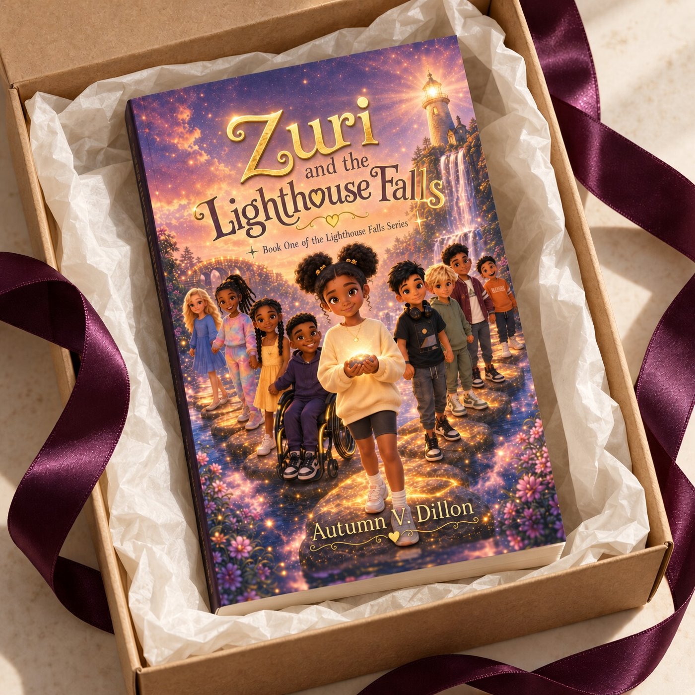 The Zuri and the Lighthouse Falls foil edition paperback in a gift box with a plum ribbon