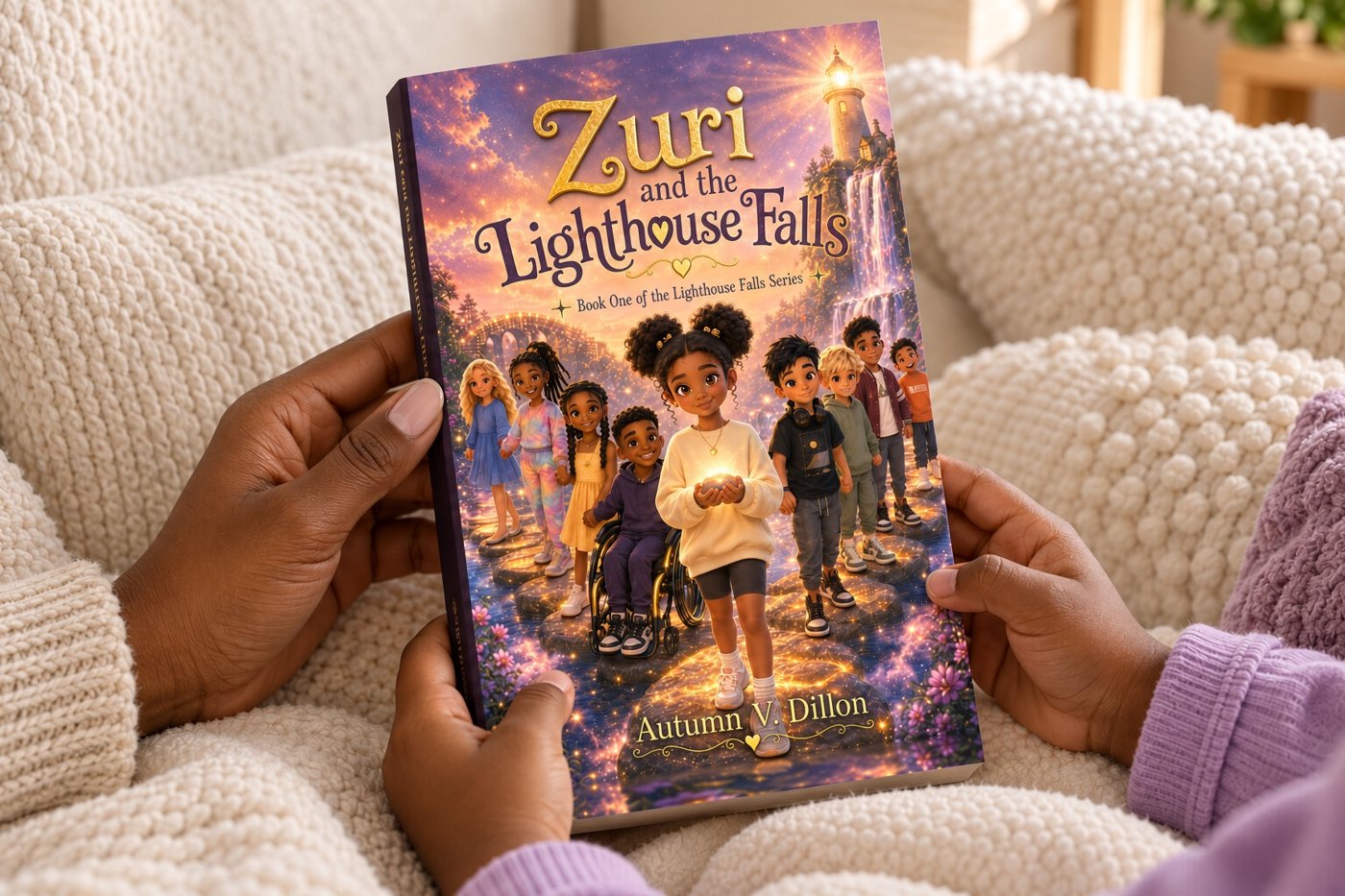 Hands holding the Zuri and the Lighthouse Falls foil edition paperback