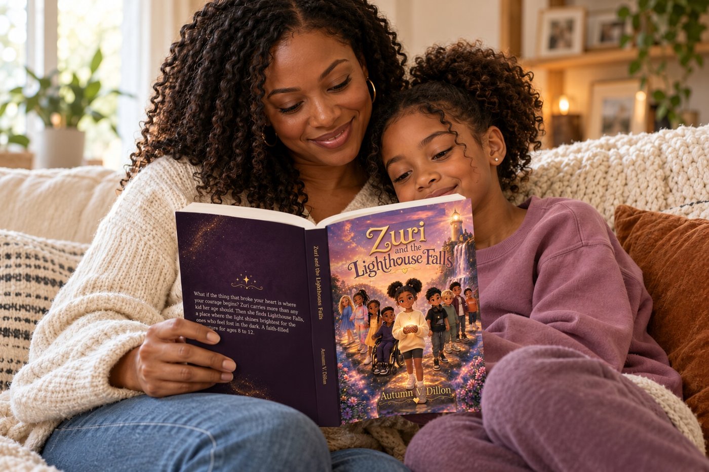 A mother and daughter reading Zuri and the Lighthouse Falls together on the couch