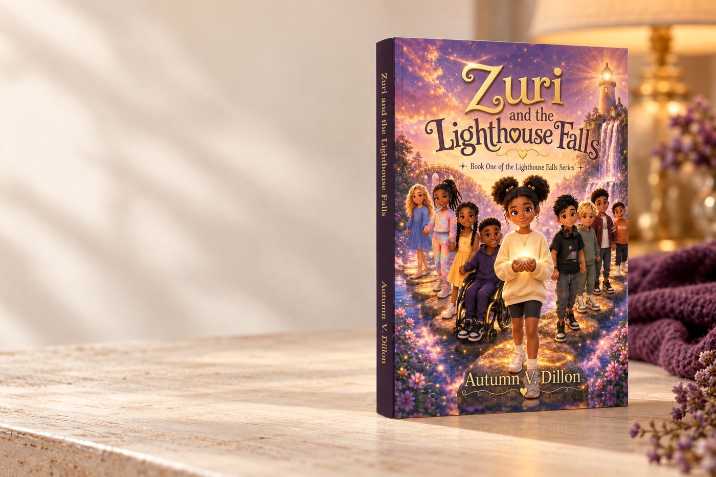 The gold foiled Zuri paperback standing on an ivory table
